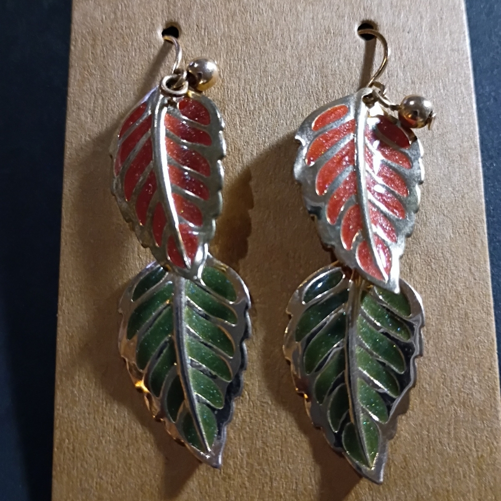 Source Unknown Red and Green Leaf Earrings